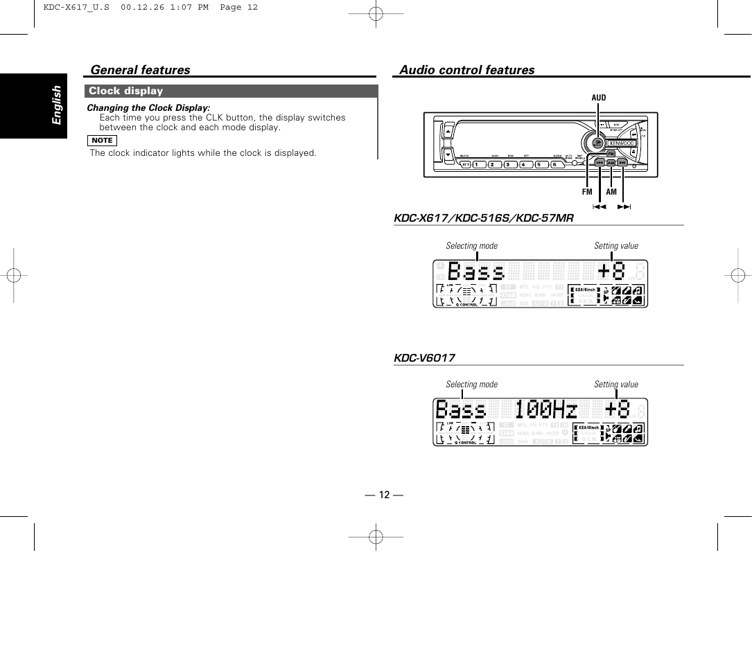 Clock display, Audio control features, General features | Kenwood KDC-516S User Manual | Page 12 / 45