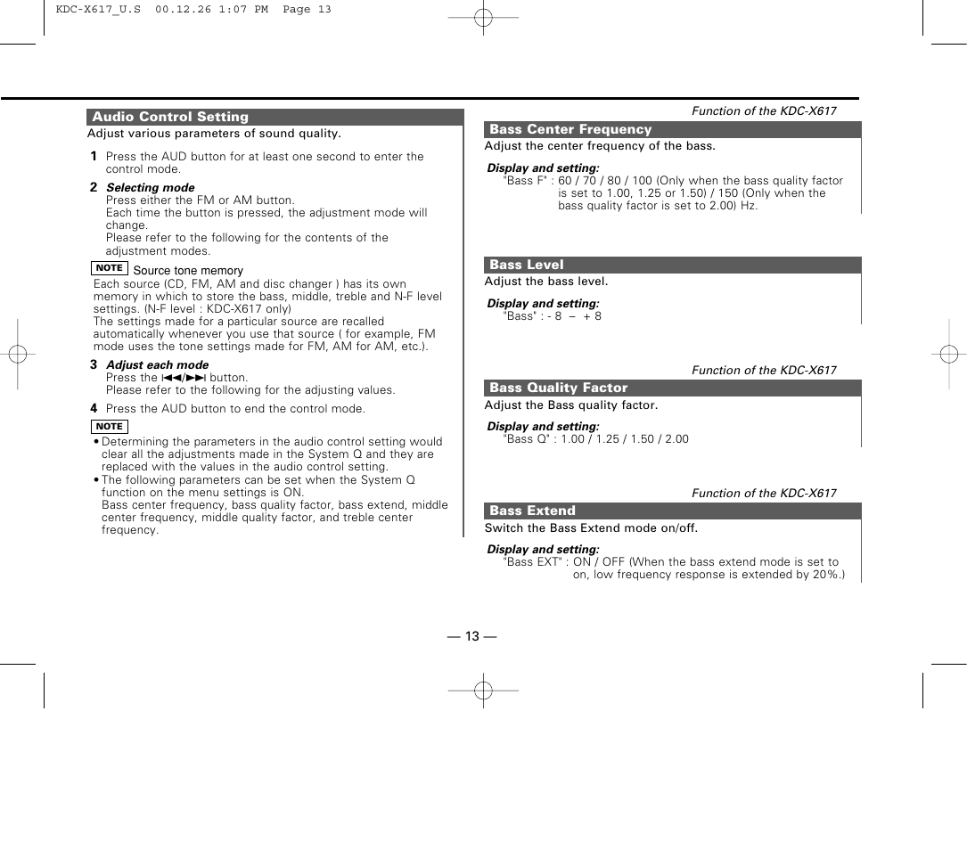 Audio control setting, Bass center frequency, Bass level | Bass quality factor, Bass extend | Kenwood KDC-516S User Manual | Page 13 / 45