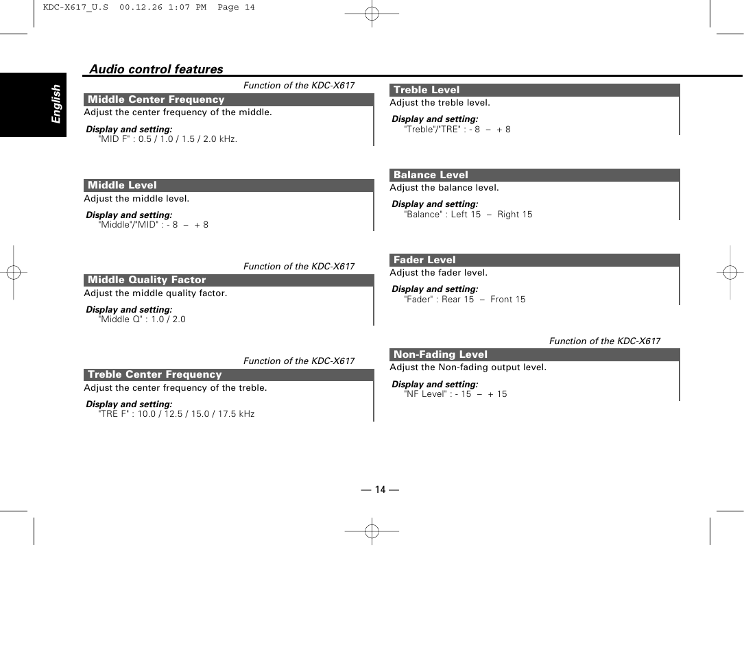 Middle center frequency, Middle level, Middle quality factor | Treble center frequency, Treble level, Balance level, Fader level, Non-fading level, Audio control features | Kenwood KDC-516S User Manual | Page 14 / 45