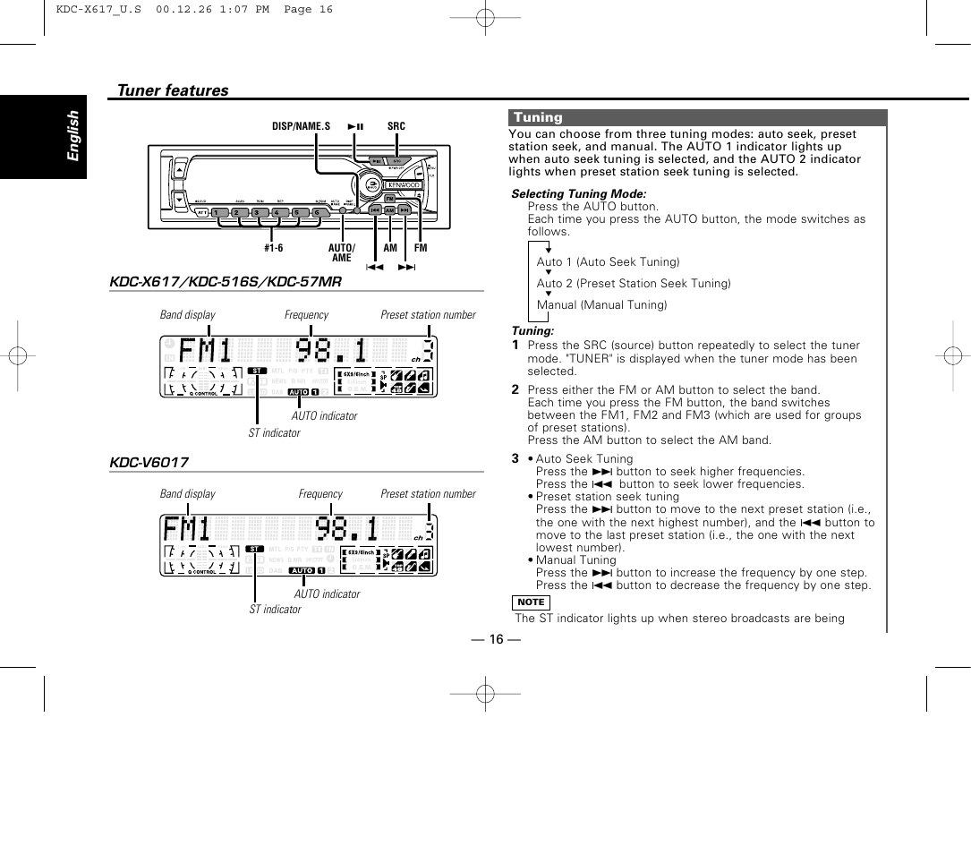 Tuner features, Tuning | Kenwood KDC-516S User Manual | Page 16 / 45