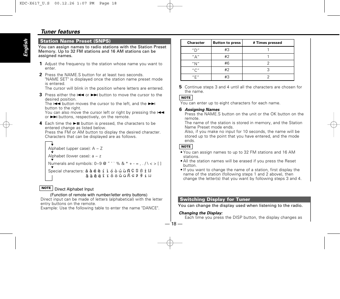 Station name preset (snps), Switching display for tuner, Tuner features | Kenwood KDC-516S User Manual | Page 18 / 45