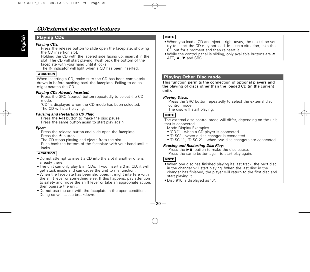 Playing cds, Playing other disc mode, Cd/external disc control features | Kenwood KDC-516S User Manual | Page 20 / 45
