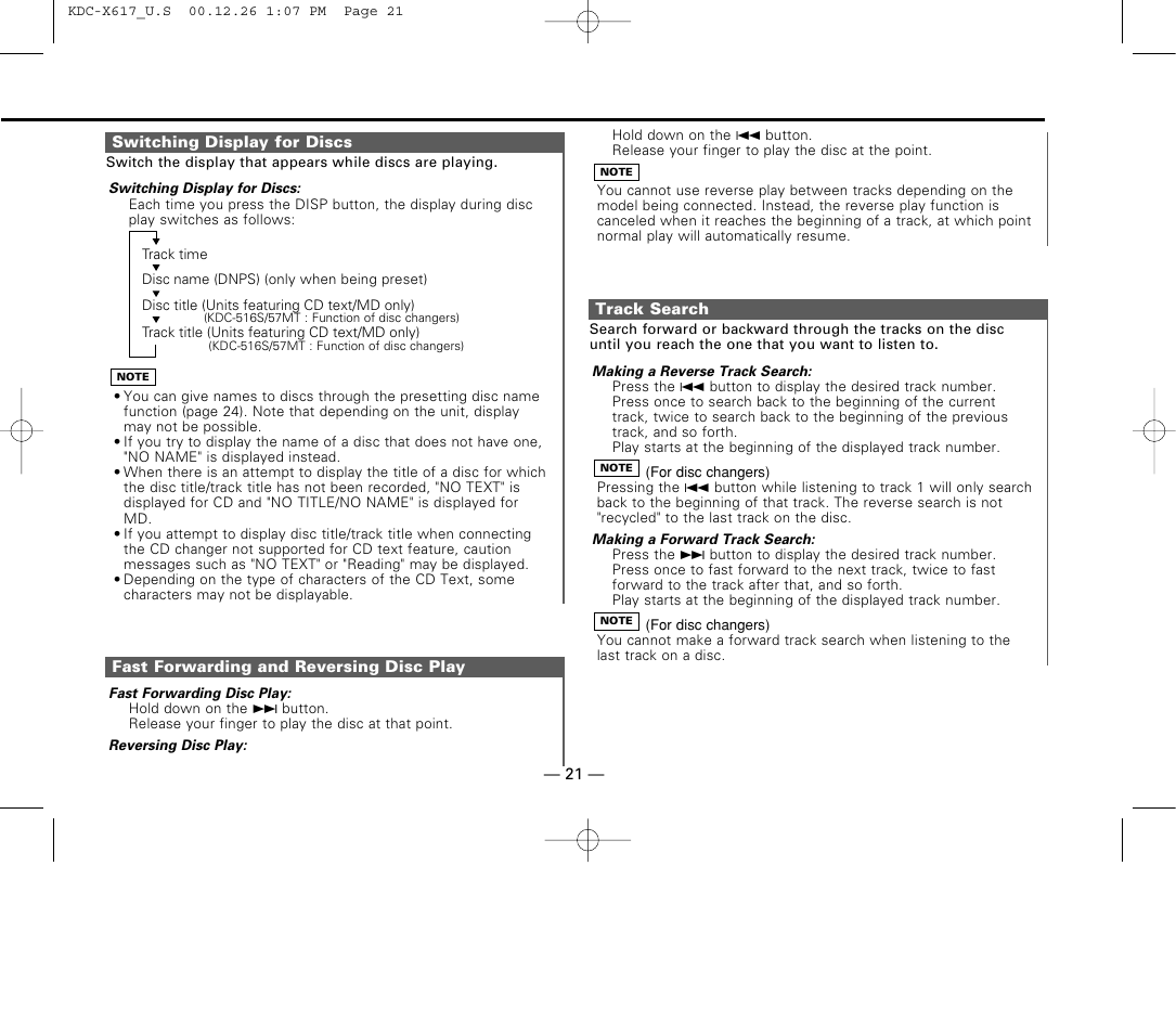 Switching display for discs, Fast forwarding and reversing disc play, Track search | Kenwood KDC-516S User Manual | Page 21 / 45
