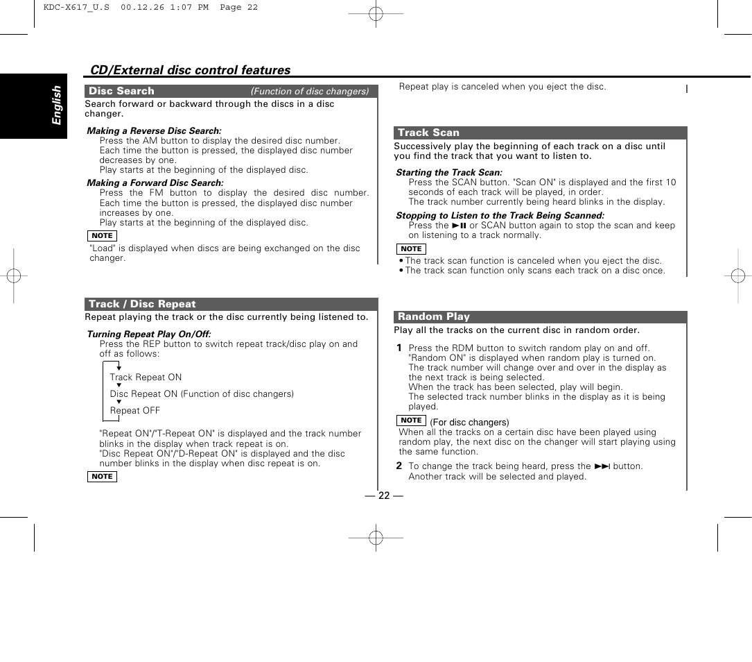 Disc search, Track / disc repeat, Track scan | Random play, Cd/external disc control features | Kenwood KDC-516S User Manual | Page 22 / 45