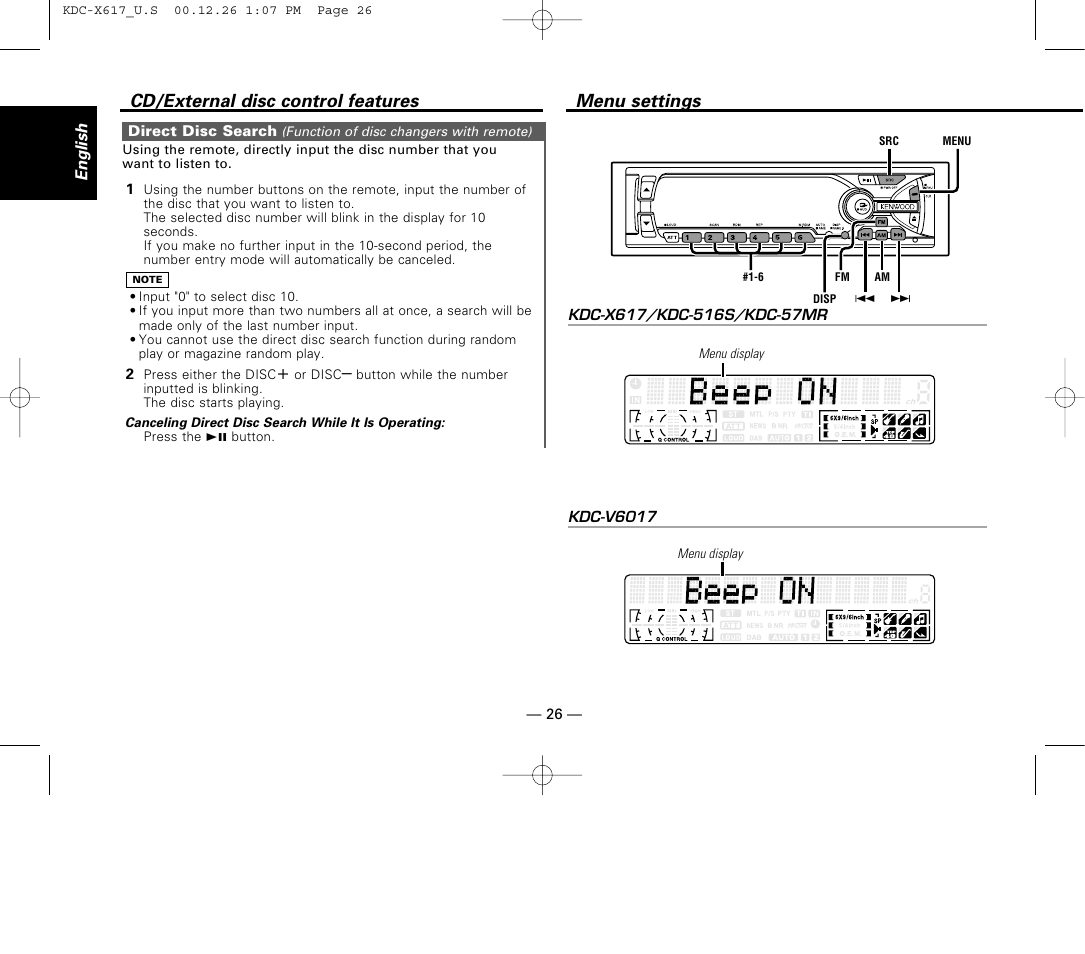 Direct disc search, Menu settings, Cd/external disc control features | Kenwood KDC-516S User Manual | Page 26 / 45