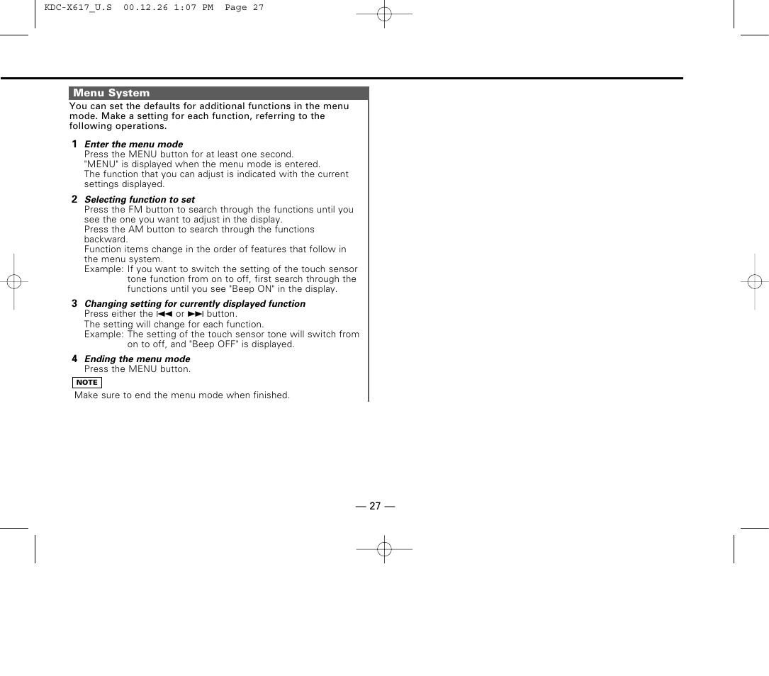 Menu system | Kenwood KDC-516S User Manual | Page 27 / 45
