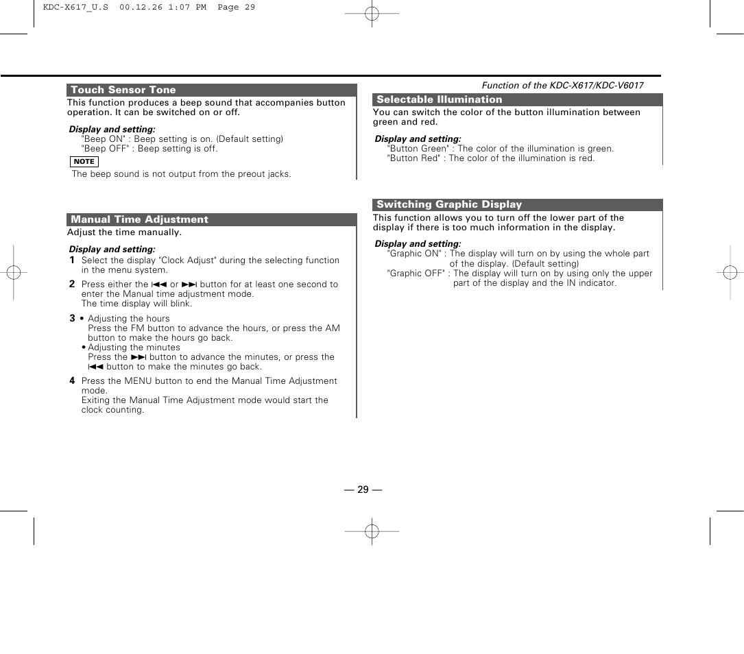 Touch sensor tone, Manual time adjustment, Selectable illumination | Switching graphic display | Kenwood KDC-516S User Manual | Page 29 / 45