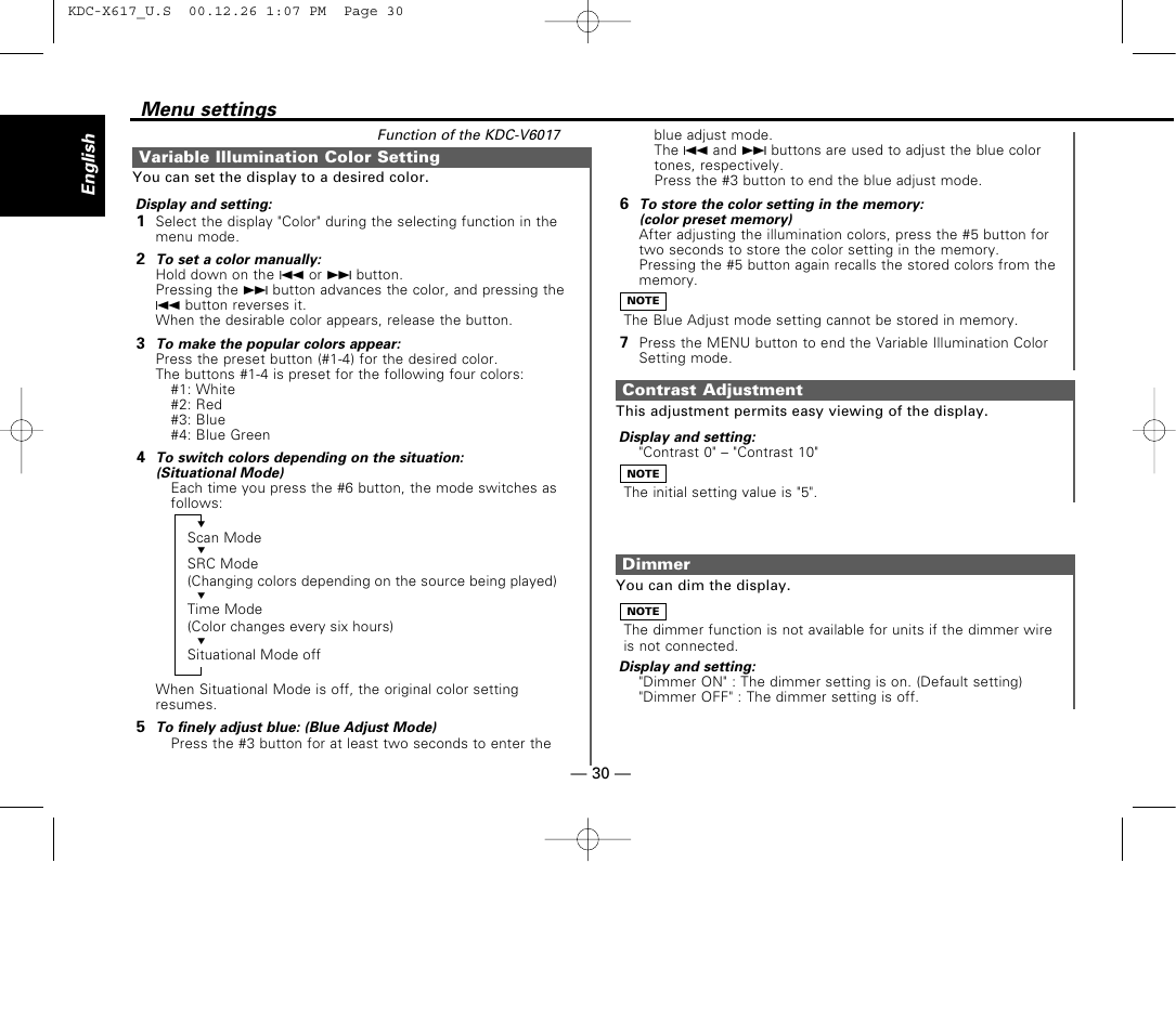 Variable illumination color setting, Contrast adjustment, Dimmer | Menu settings | Kenwood KDC-516S User Manual | Page 30 / 45