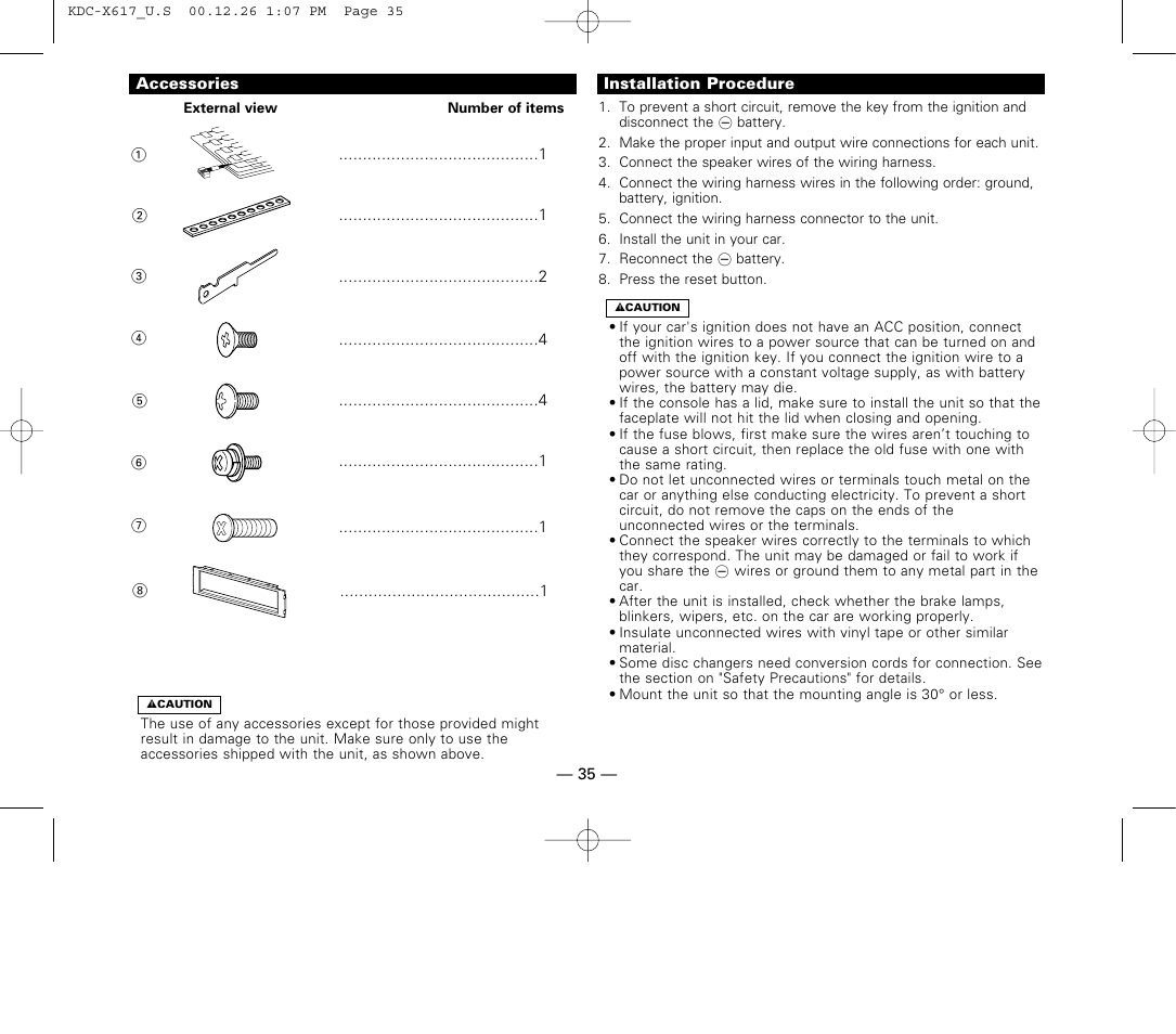 Installation, Accessories, Installation procedure | Kenwood KDC-516S User Manual | Page 35 / 45
