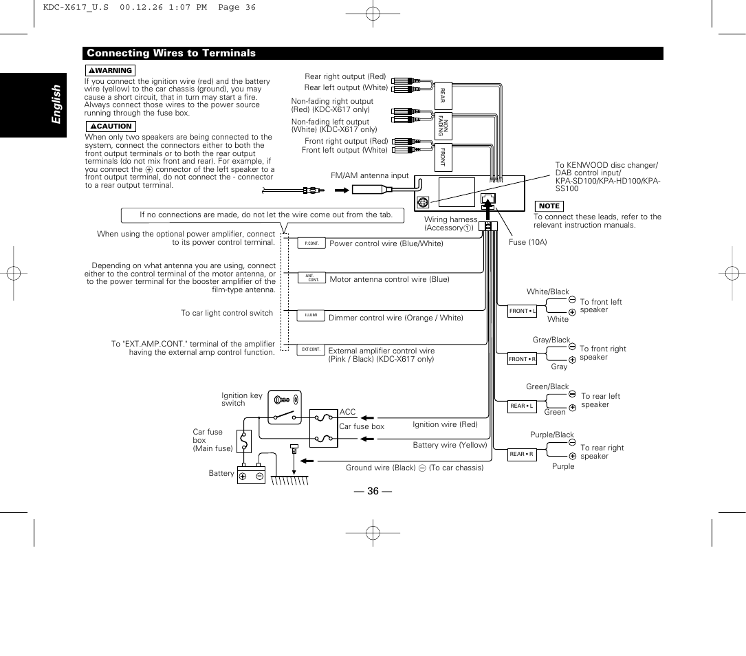 Connecting wires to terminals, English, 36 — connecting wires to terminals | Kenwood KDC-516S User Manual | Page 36 / 45