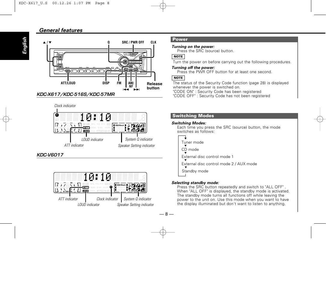 General features, Power, Switching modes | Kenwood KDC-516S User Manual | Page 8 / 45