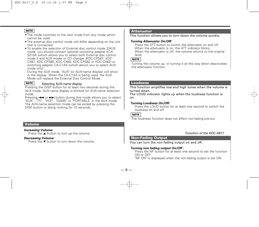 Volume, Attenuator, Loudness | Non-fading output | Kenwood KDC-516S User Manual | Page 9 / 45