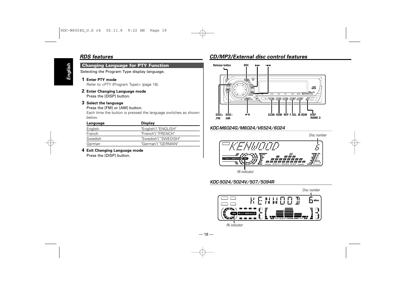 Cd/mp3/external disc control features, Rds features | Kenwood KDC-507  EN User Manual | Page 18 / 40