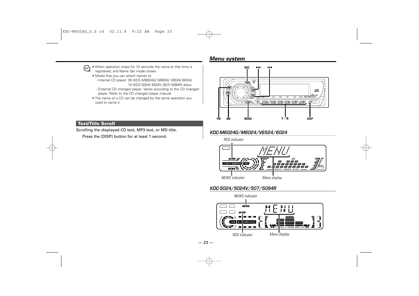 Menu system | Kenwood KDC-507  EN User Manual | Page 23 / 40