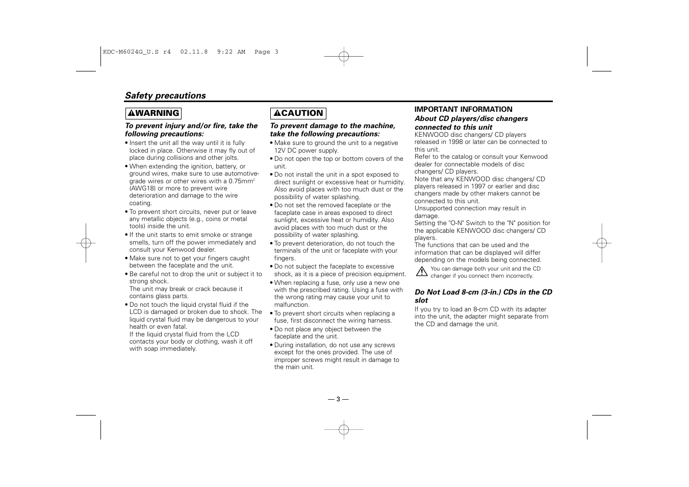 Safety precautions | Kenwood KDC-507  EN User Manual | Page 3 / 40