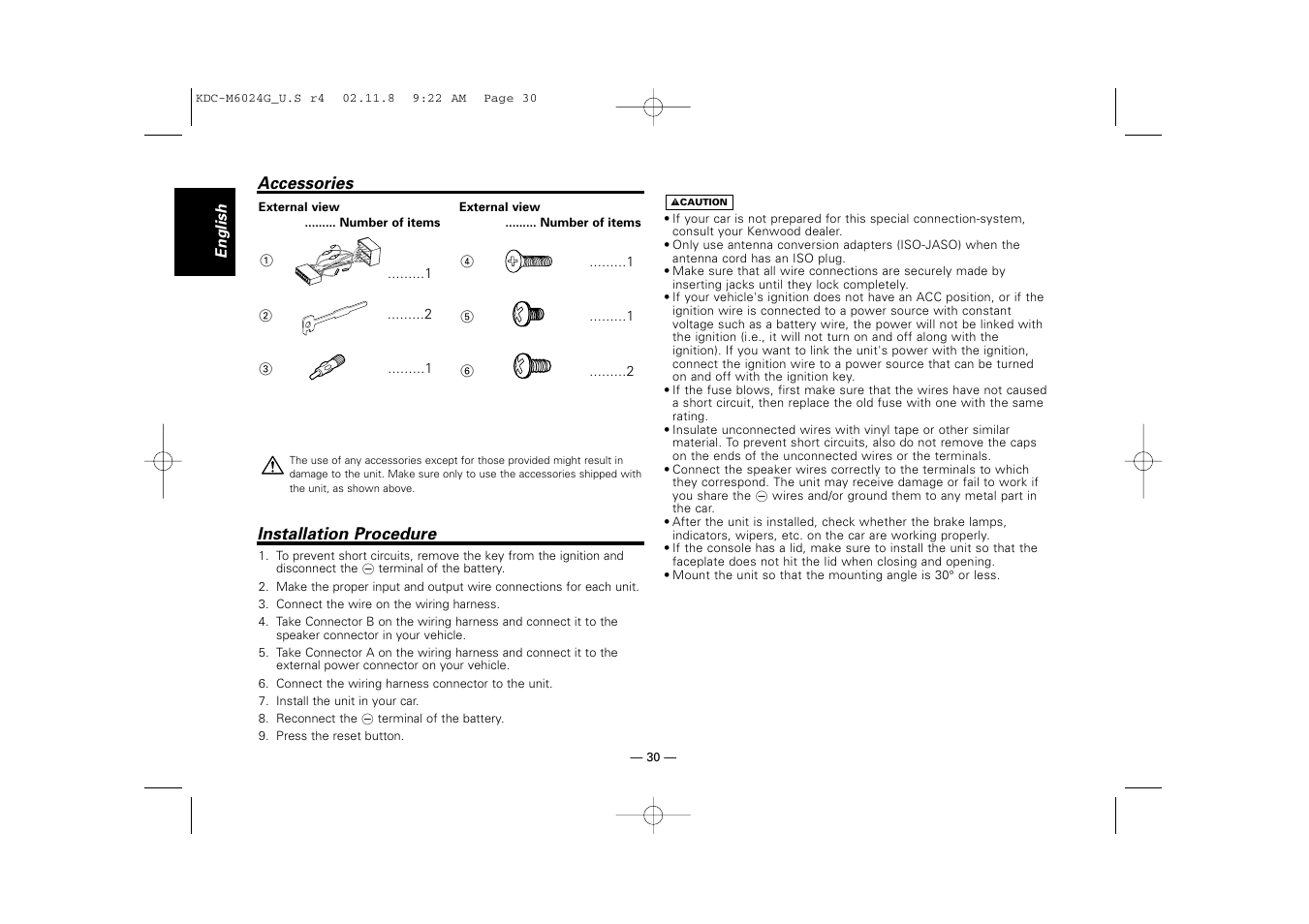 Accessories, Installation procedure | Kenwood KDC-507  EN User Manual | Page 30 / 40