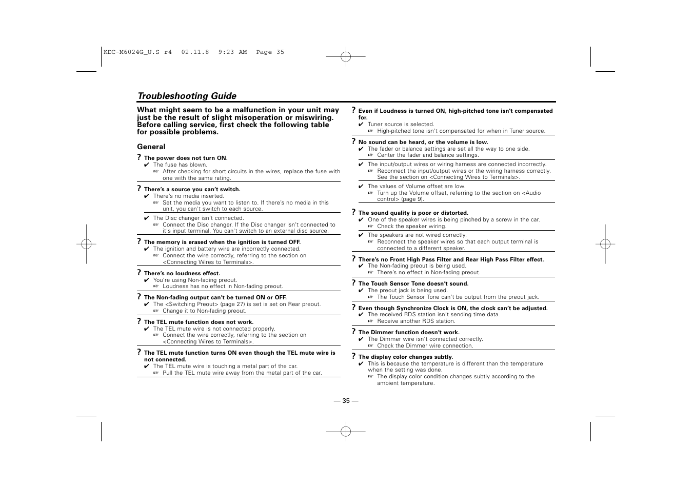 Troubleshooting guide | Kenwood KDC-507  EN User Manual | Page 35 / 40