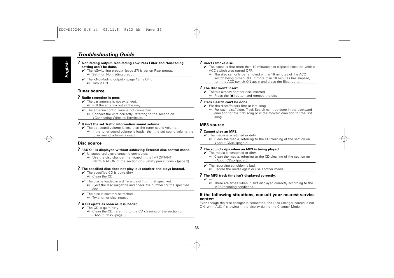 Troubleshooting guide | Kenwood KDC-507  EN User Manual | Page 36 / 40