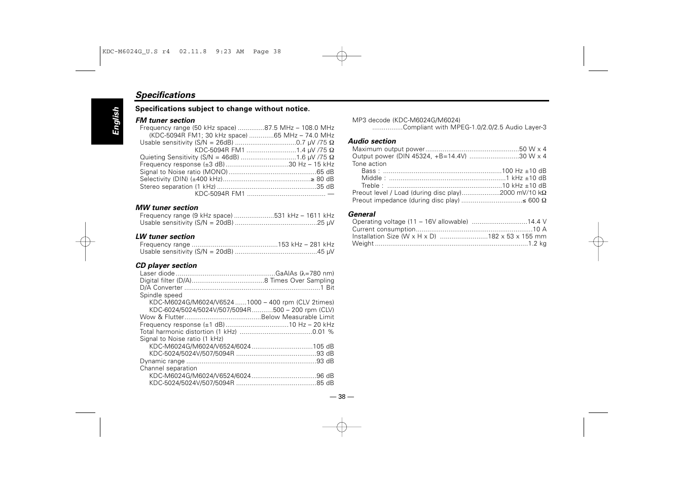 Specifications | Kenwood KDC-507  EN User Manual | Page 38 / 40