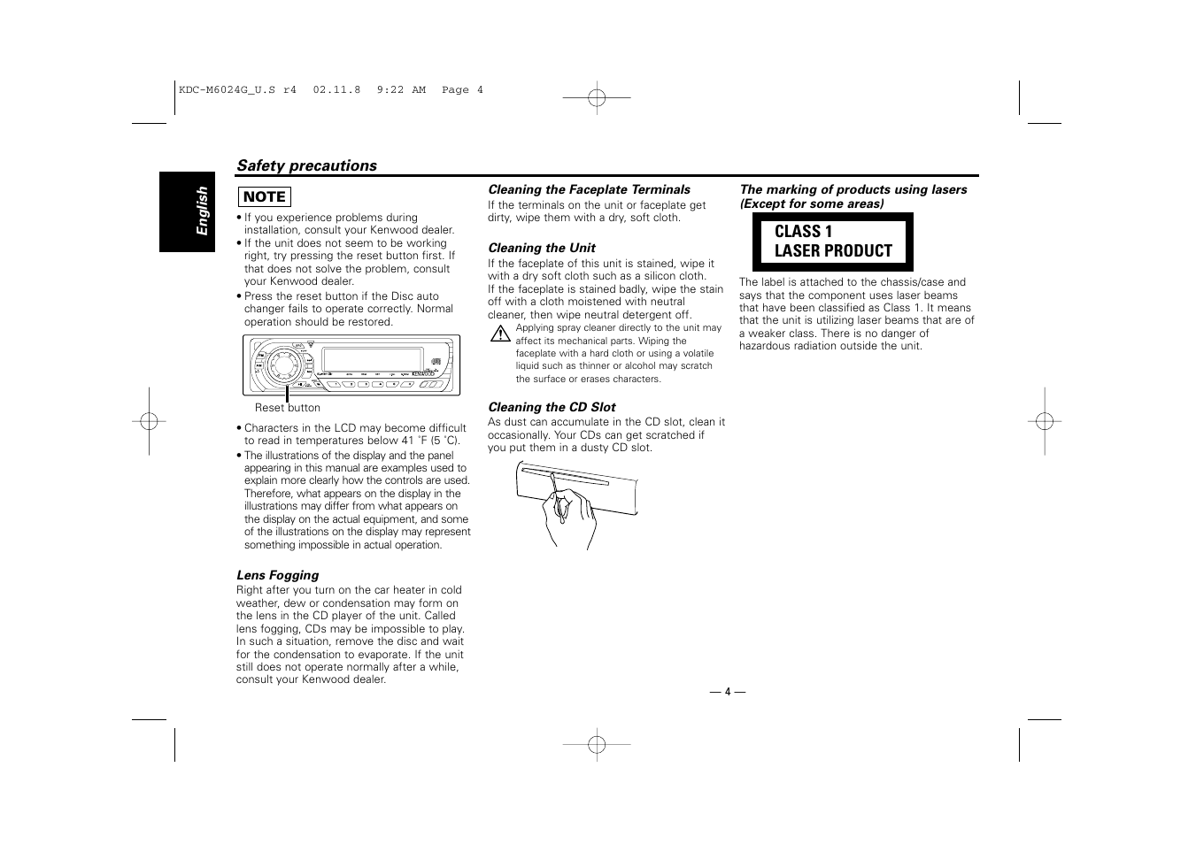 Class 1 laser product | Kenwood KDC-507  EN User Manual | Page 4 / 40