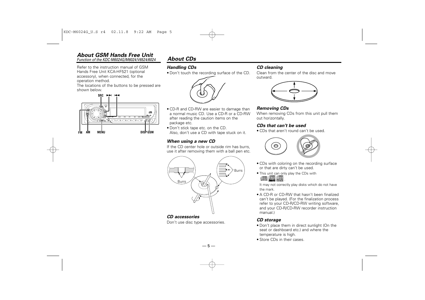 About gsm hands free unit, About cds | Kenwood KDC-507  EN User Manual | Page 5 / 40