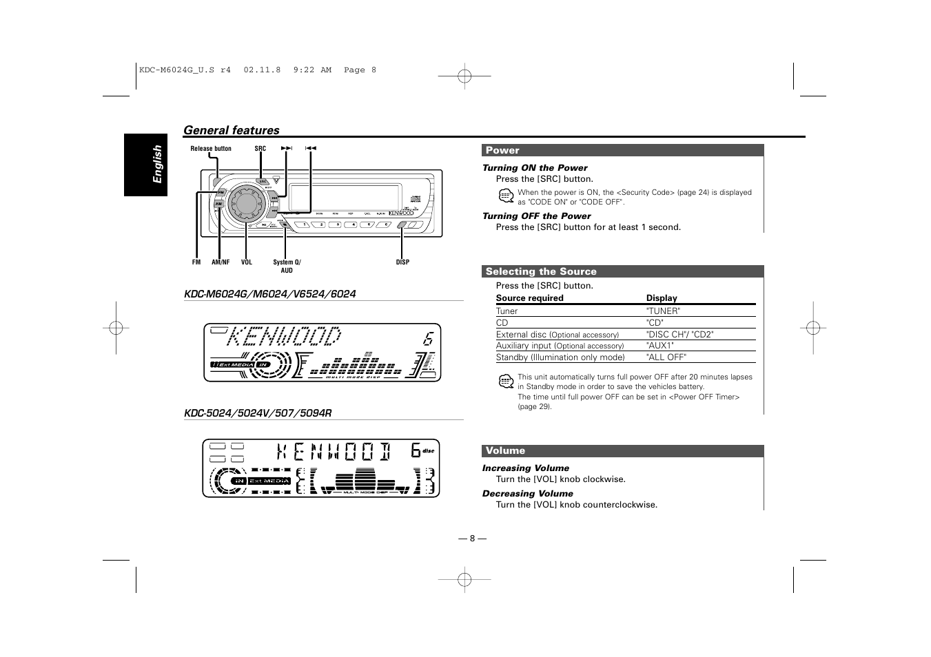 General features | Kenwood KDC-507  EN User Manual | Page 8 / 40