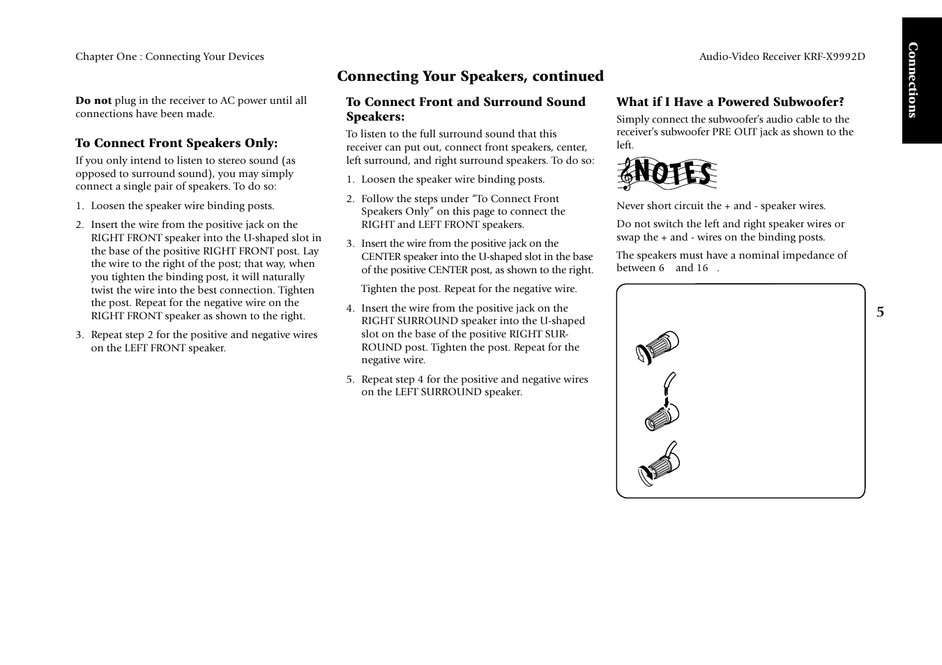 Connecting your speakers, continued, Connections, What if i have a powered subwoofer | Kenwood KRF-X9992D User Manual | Page 11 / 145