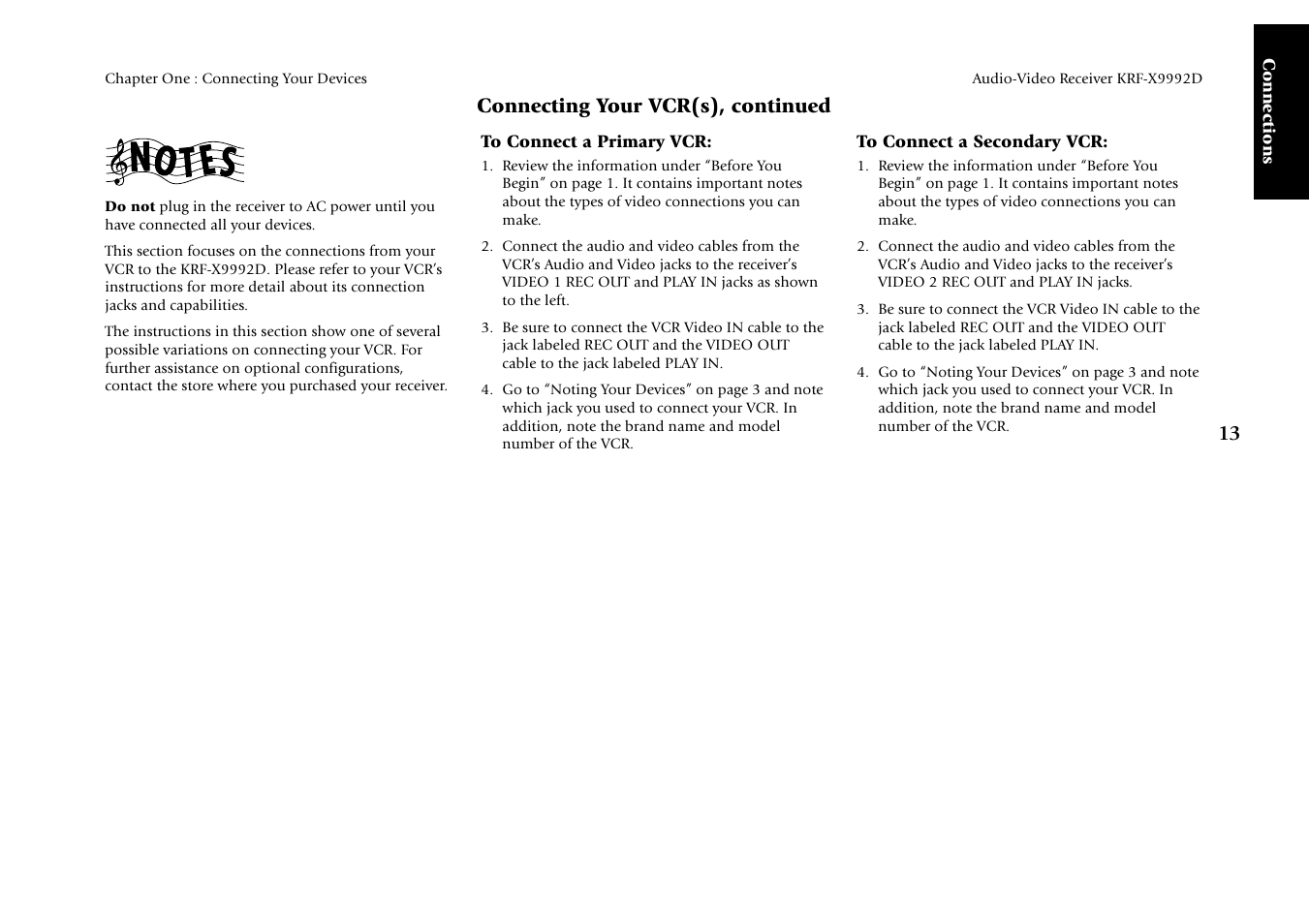 Connecting your vcr(s), continued, Connections | Kenwood KRF-X9992D User Manual | Page 19 / 145