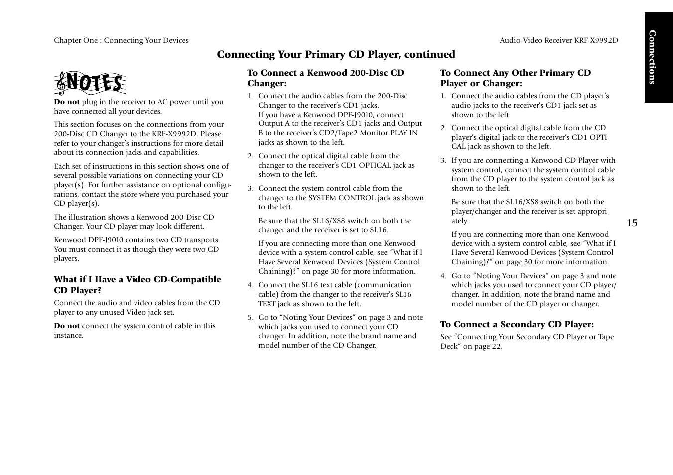 Connecting your primary cd player, continued, Connections, What if i have a video cd-compatible cd player | Kenwood KRF-X9992D User Manual | Page 21 / 145