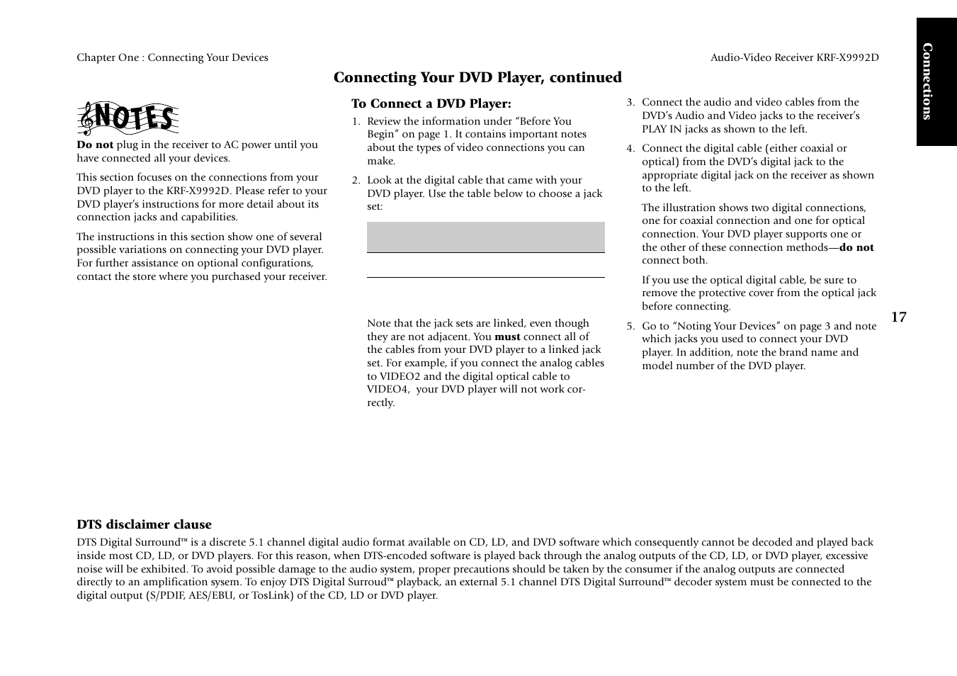 Connecting your dvd player, continued, Connections, Dts disclaimer clause | Kenwood KRF-X9992D User Manual | Page 23 / 145