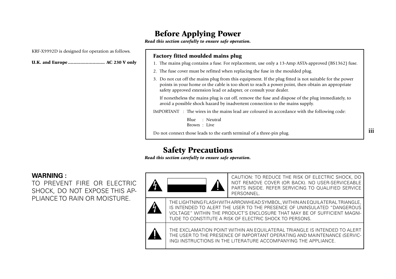 Before applying power, Safety precautions | Kenwood KRF-X9992D User Manual | Page 3 / 145