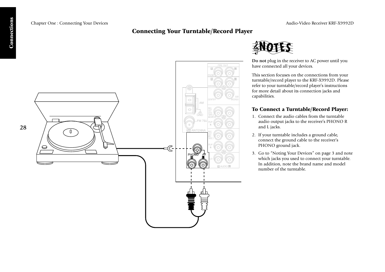 28 connecting your turntable/record player, Connections | Kenwood KRF-X9992D User Manual | Page 34 / 145