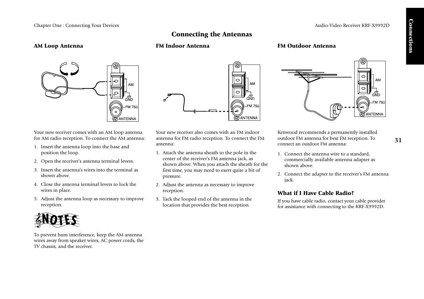 Connecting the antennas, Connections, Am loop antenna | Fm indoor antenna, Fm outdoor antenna, What if i have cable radio | Kenwood KRF-X9992D User Manual | Page 37 / 145