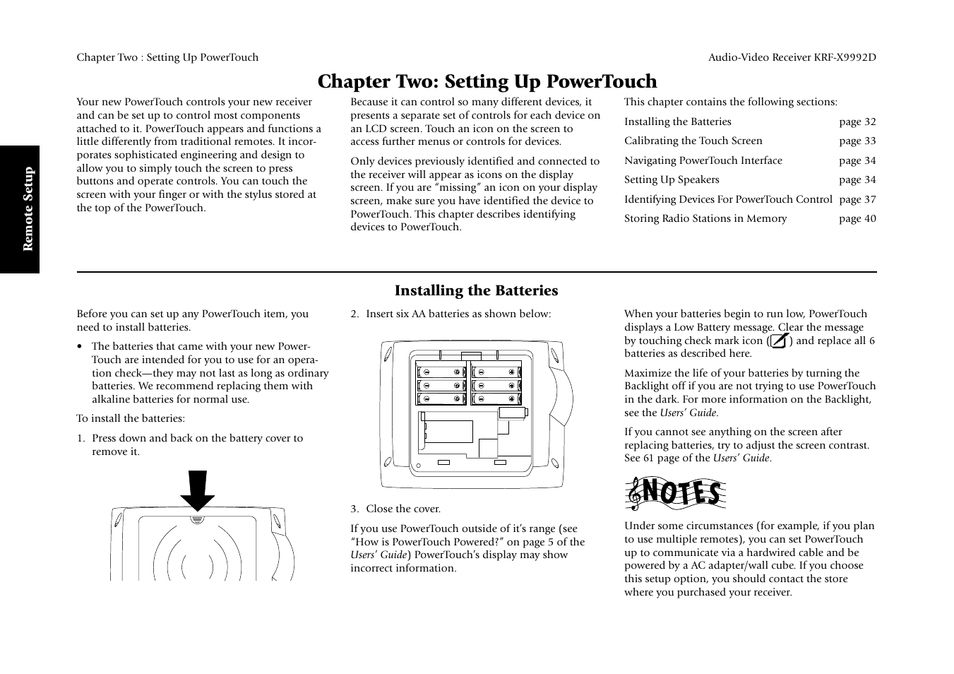 Chapter two: setting up powertouch, Installing the batteries, Remote setup | Kenwood KRF-X9992D User Manual | Page 38 / 145