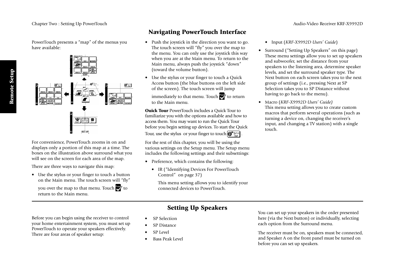 Navigating powertouch interface, Setting up speakers, Remote setup | Kenwood KRF-X9992D User Manual | Page 40 / 145