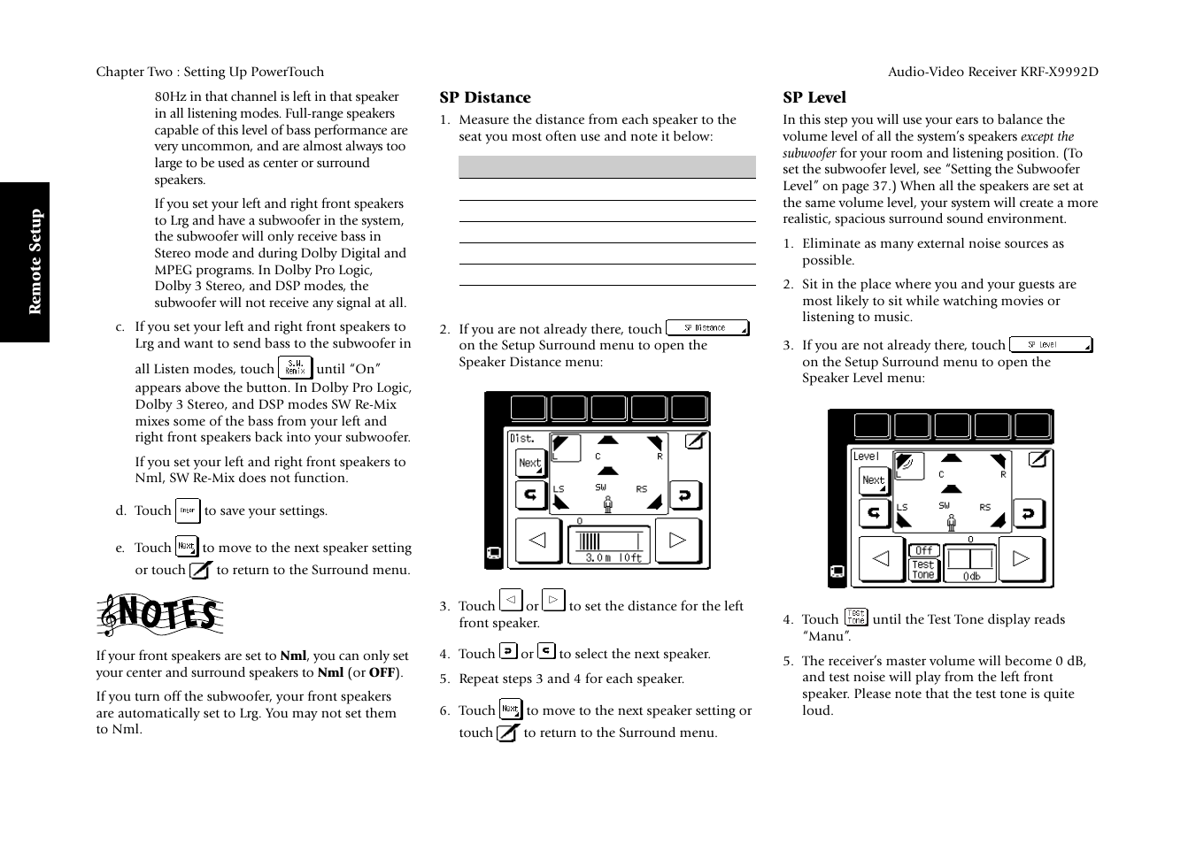 Remote setup, Sp distance, Sp level | Kenwood KRF-X9992D User Manual | Page 42 / 145