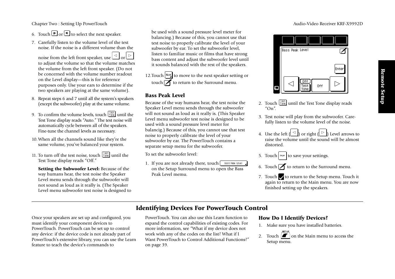 Identifying devices for powertouch control, Remote setup, Bass peak level | How do i identify devices | Kenwood KRF-X9992D User Manual | Page 43 / 145