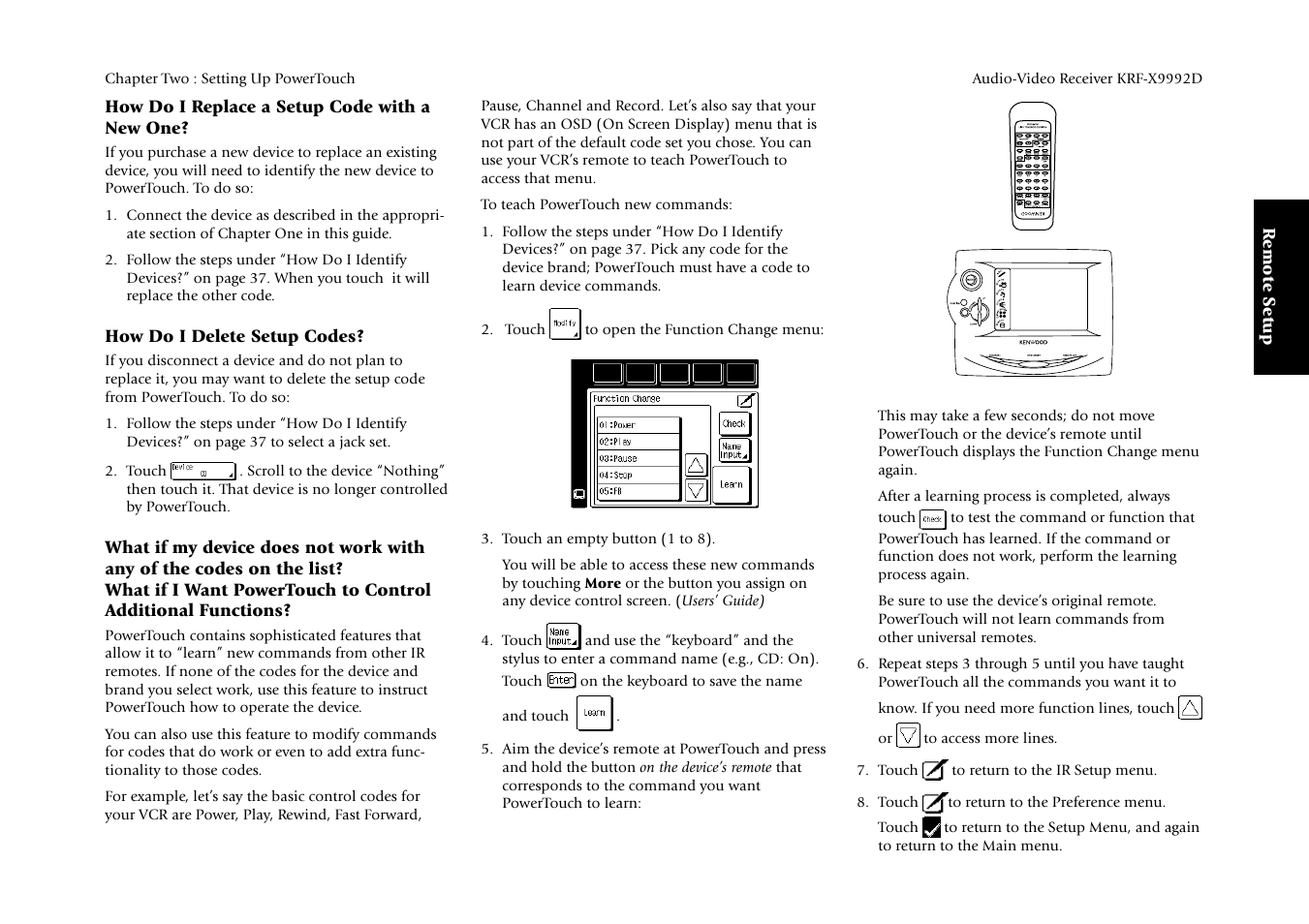 Remote setup, How do i replace a setup code with a new one, How do i delete setup codes | Kenwood KRF-X9992D User Manual | Page 45 / 145