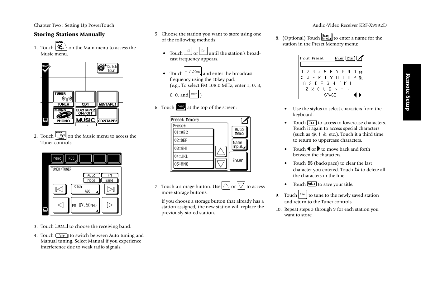 Remote setup, Storing stations manually | Kenwood KRF-X9992D User Manual | Page 47 / 145