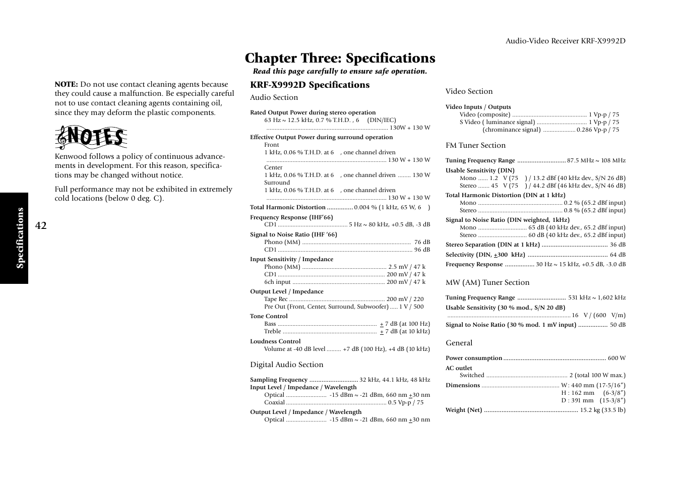 Chapter three: specifications, Specifications, Krf-x9992d specifications | General, Read this page carefully to ensure safe operation | Kenwood KRF-X9992D User Manual | Page 48 / 145