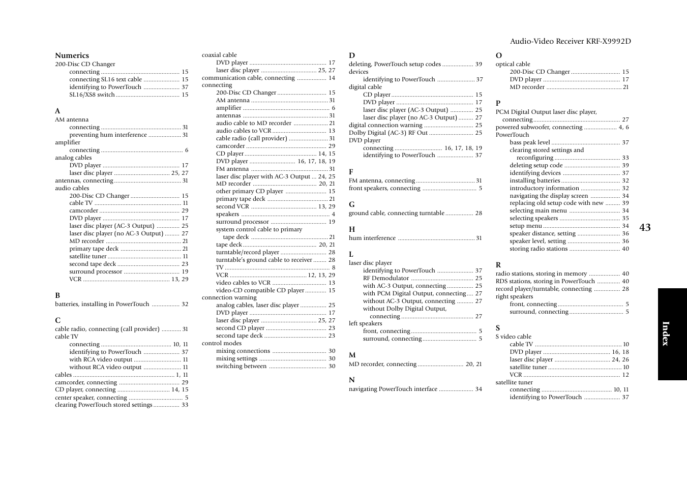 Index, Audio-video receiver krf-x9992d numerics | Kenwood KRF-X9992D User Manual | Page 49 / 145