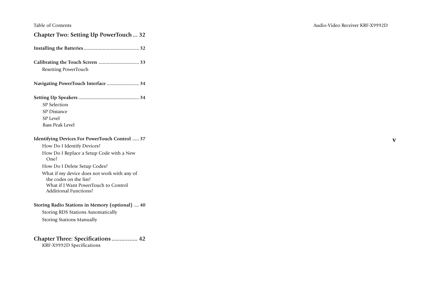 Chapter two: setting up powertouch, Chapter three: specifications | Kenwood KRF-X9992D User Manual | Page 5 / 145