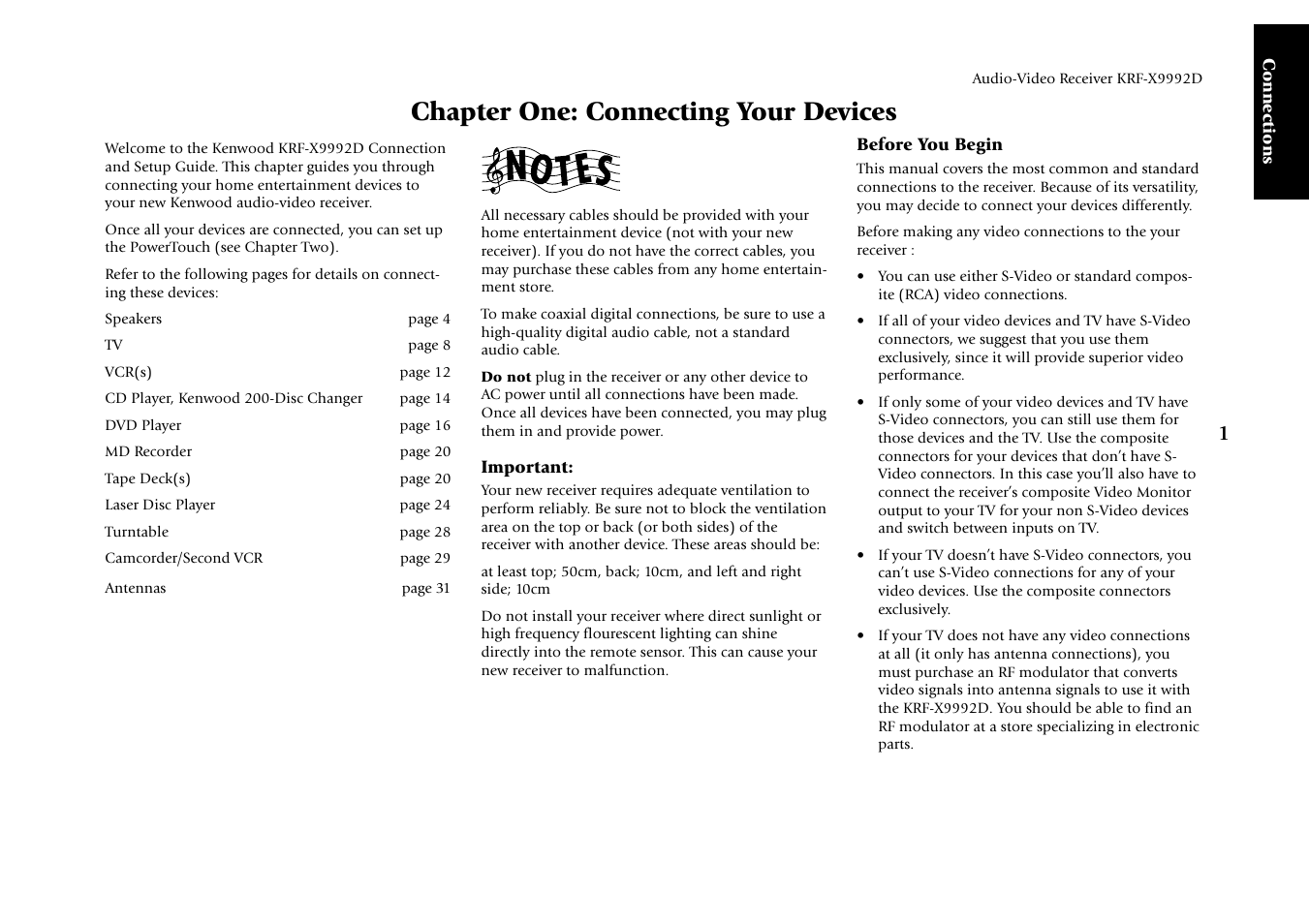 Chapter one: connecting your devices, Connections, Important | Before you begin | Kenwood KRF-X9992D User Manual | Page 7 / 145