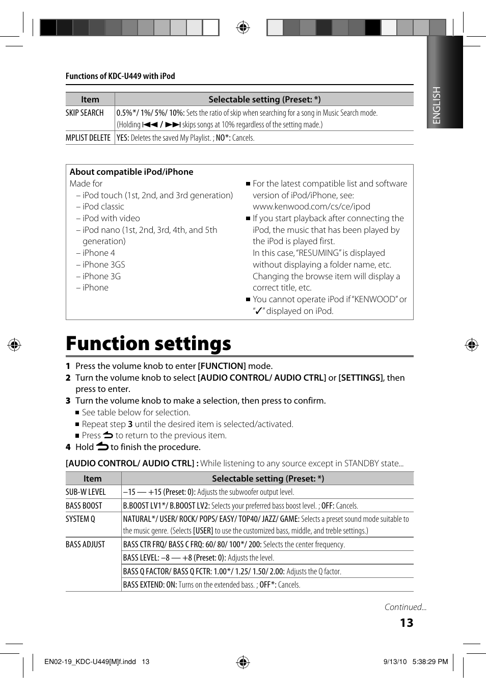 Function settings | Kenwood KDC-4051UM User Manual | Page 13 / 19