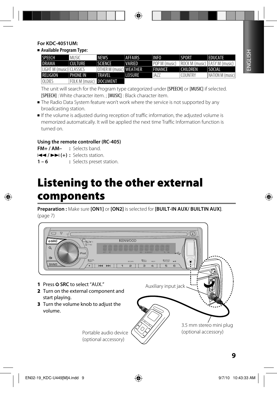 Listening to the other external components | Kenwood KDC-4051UM User Manual | Page 9 / 19