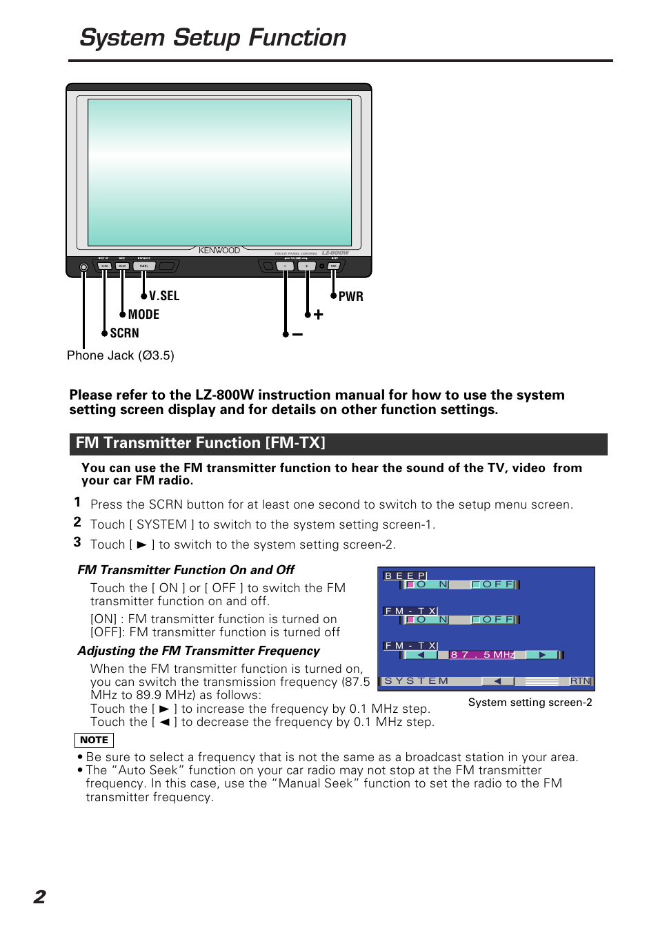 English, System setup function, Fm transmitter function [fm-tx | Kenwood KTC-V800P User Manual | Page 2 / 20