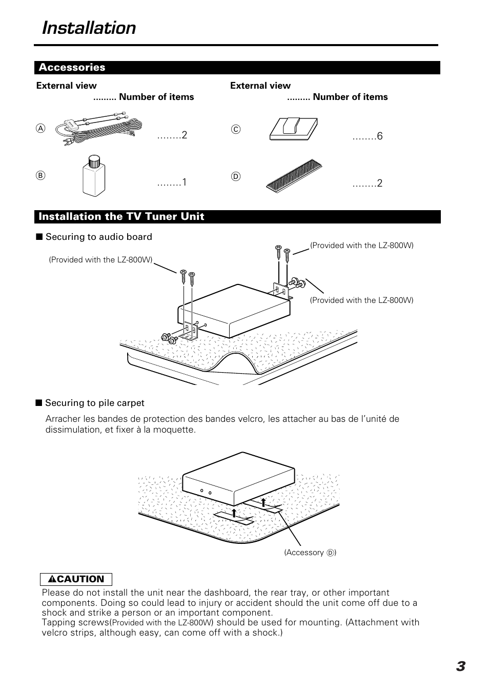 Installation, Accessories, Installation the tv tuner unit | C d b | Kenwood KTC-V800P User Manual | Page 3 / 20