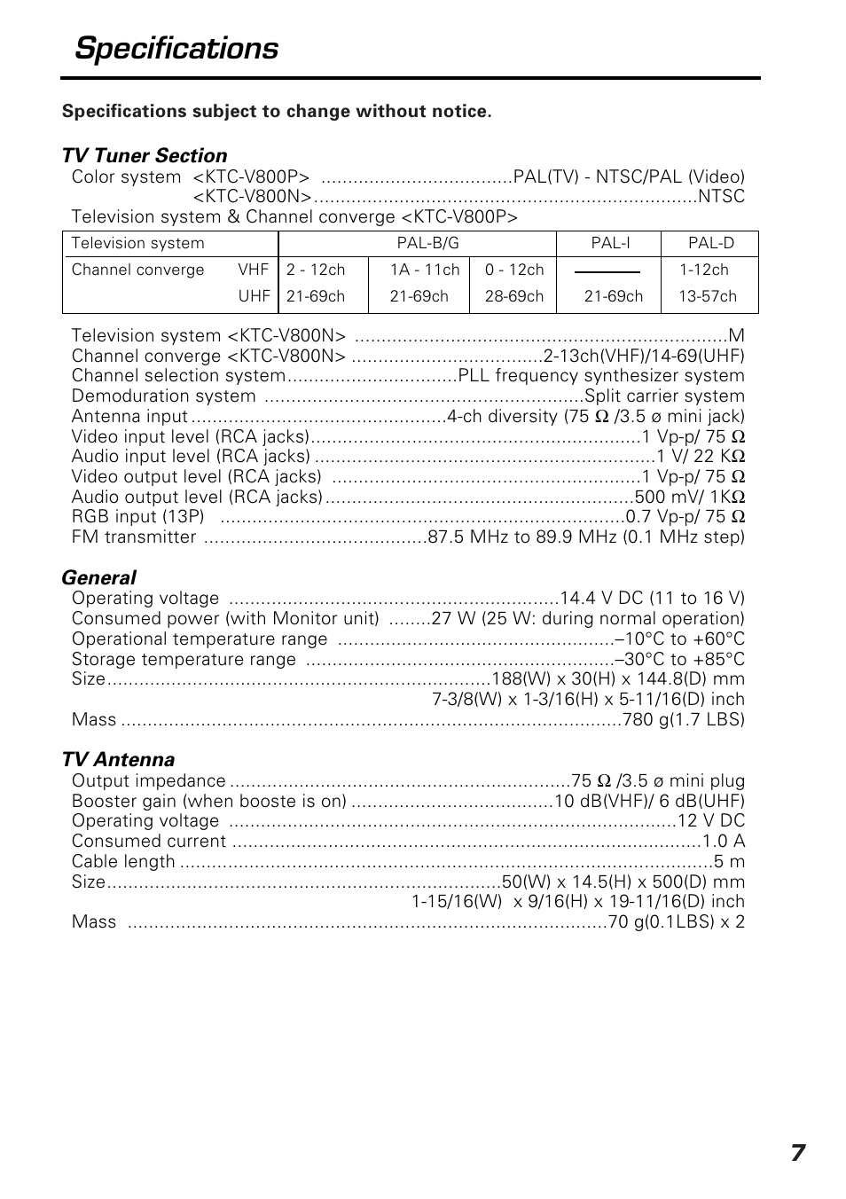 Specifications | Kenwood KTC-V800P User Manual | Page 7 / 20