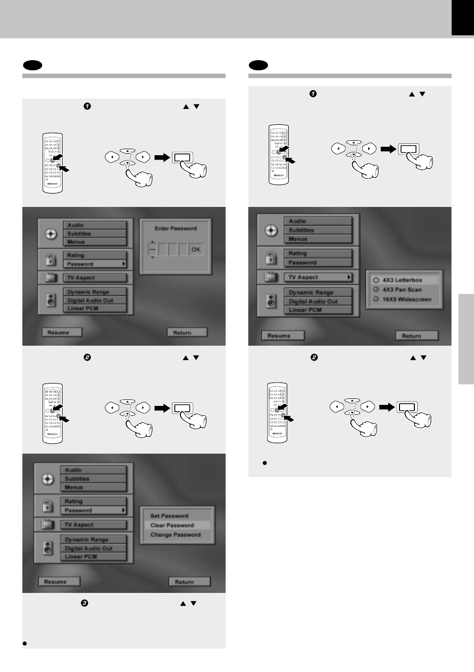 Dvd password (continued) clear password, Dvd tv aspect, Password (continued) | Tv aspect, Clear password, Operations, Set up functions | Kenwood DV-502 User Manual | Page 31 / 40