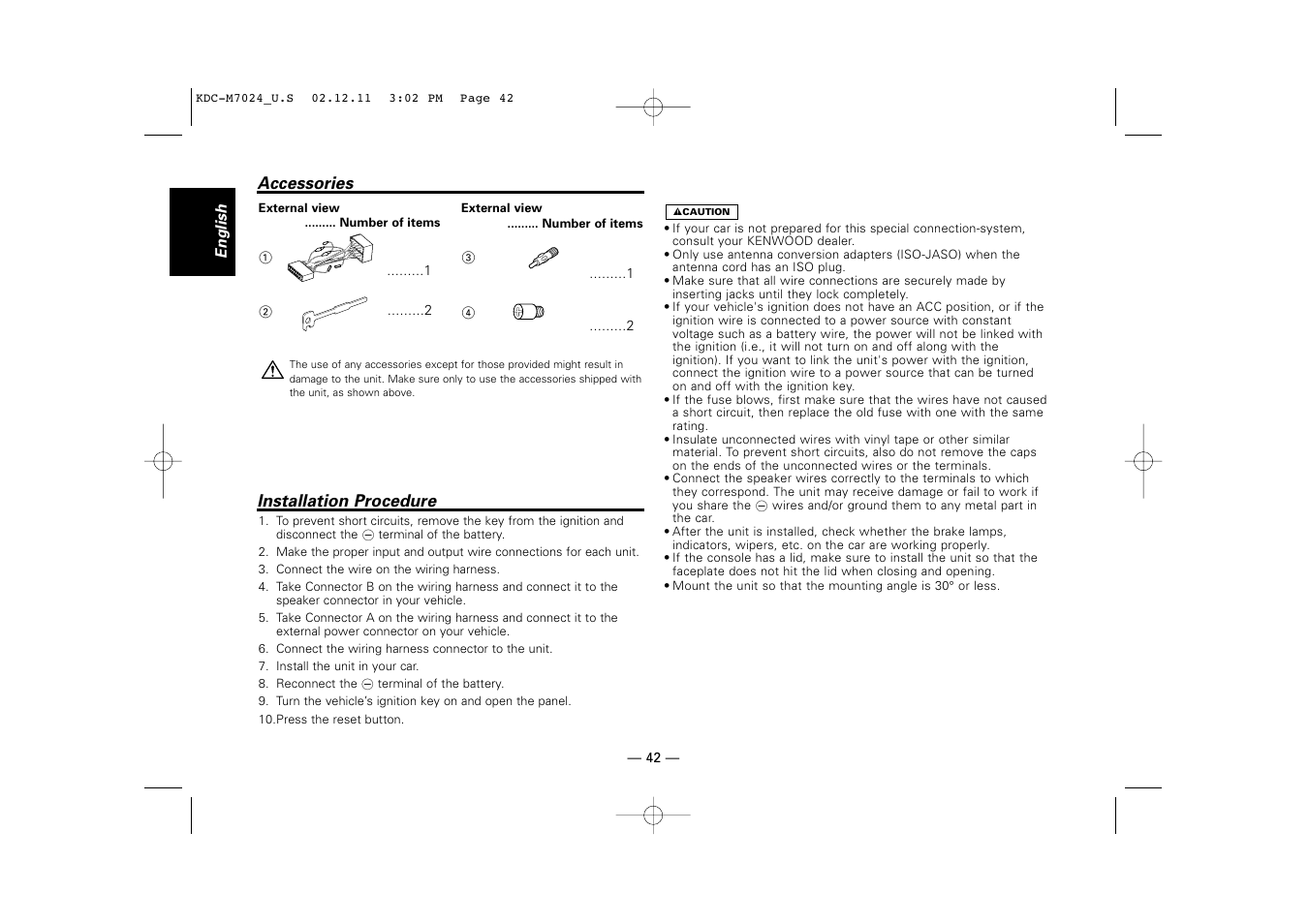 Accessories, Installation procedure | Kenwood KDC-M7024 User Manual | Page 42 / 52